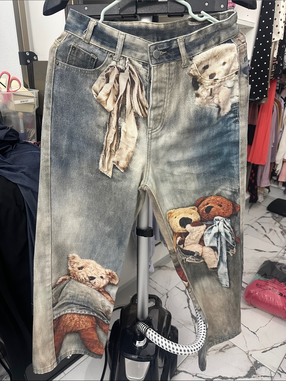 Teddy Graphic Distressed Denim Jeans - Beige & Washed Blue